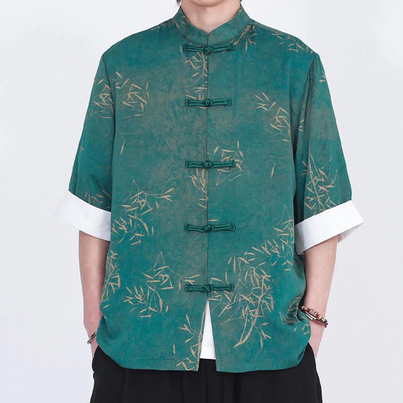 Buddha Stones Summer Bamboo Print Mandarin Collar Frog Buttons Men's Elbow-Length Sleeve Shirt