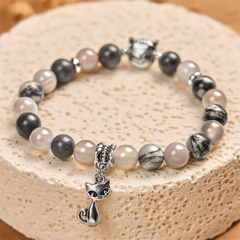 Buddha Stones Birman Cat Natural Grey Jasper Agate Bead Healing Bracelet