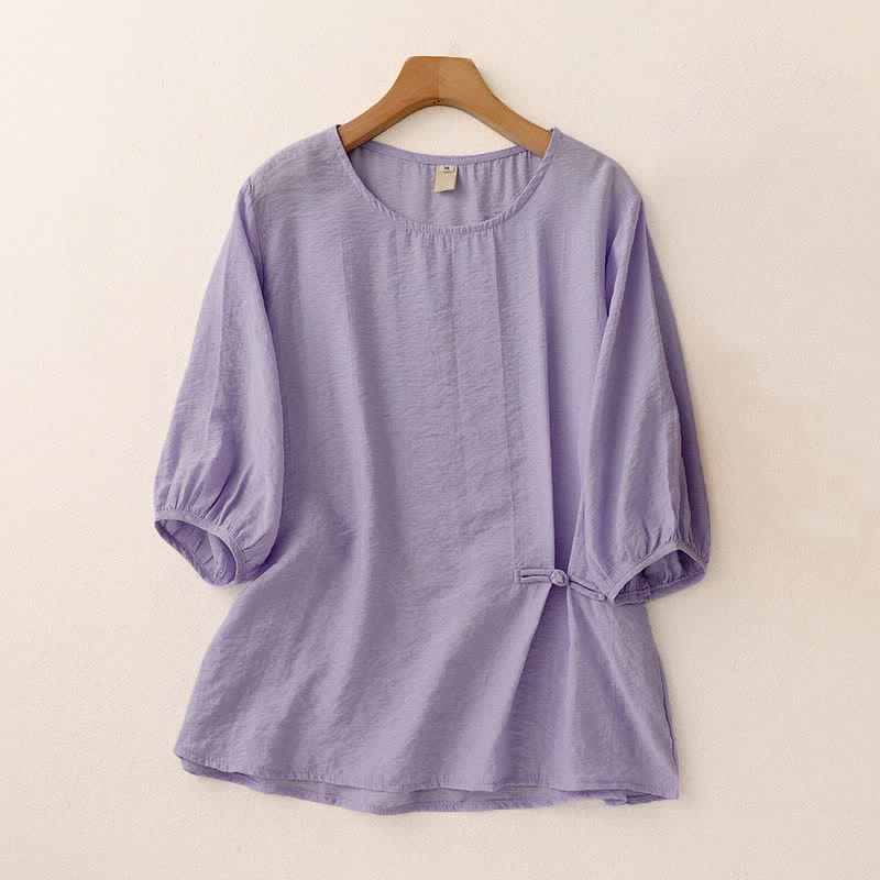 Buddha Stones Solid Color Frog-Button Design Puff Short Sleeve Women's T-Shirt