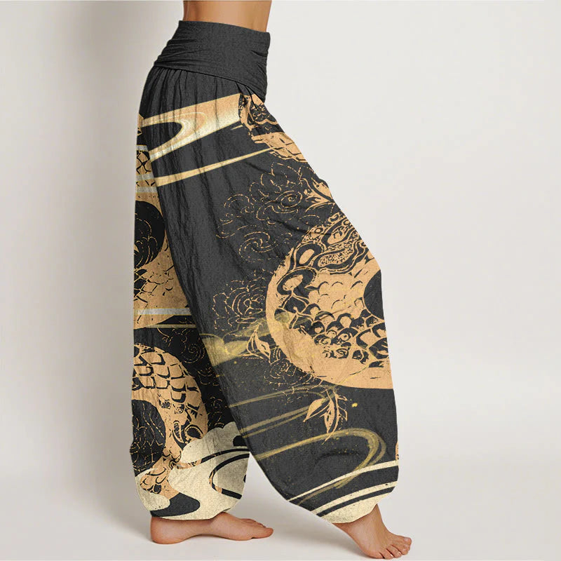 Buddha Stones Cotton Auspicious Clouds With Snake Pattern Women's Elastic Waist Harem Pants
