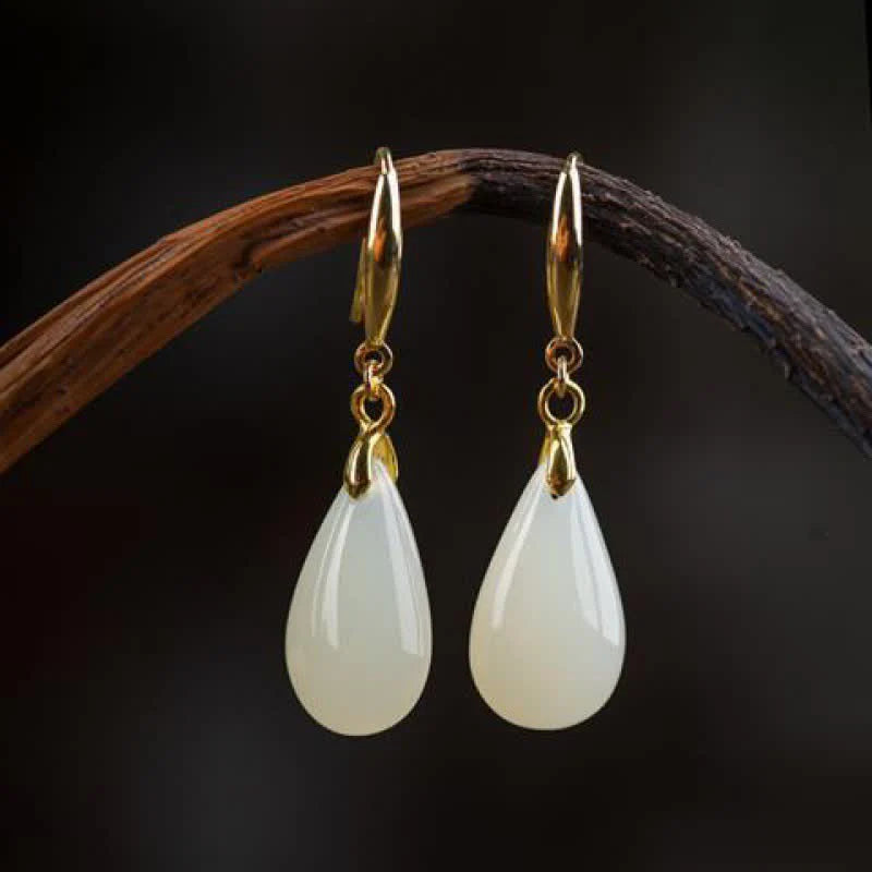 Buddha Stones Hetian White Jade Water Drop Luck Blessing Dangle Earrings (Extra 30% Off | USE CODE: FS30)
