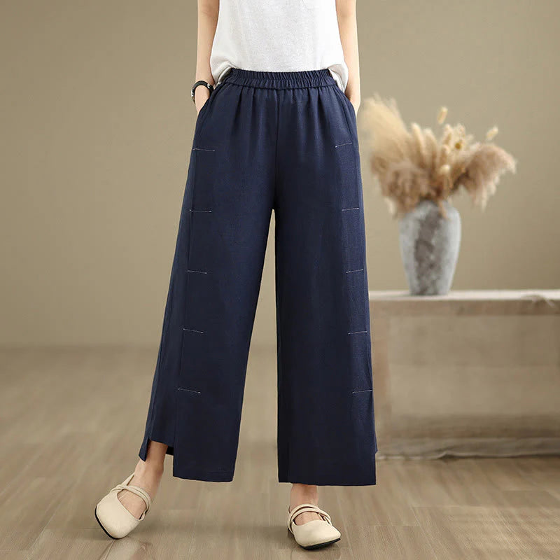 Buddha Stones Spring Casual Navy Simple Line Design Cotton Linen Women's Wide Leg Pants With Pockets