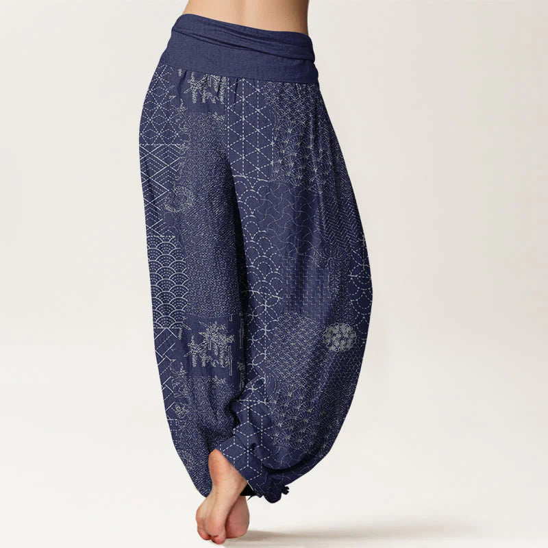 Buddha Stones Geometric Pattern Women's Elastic Waist Harem Pure Cotton Printed Pants