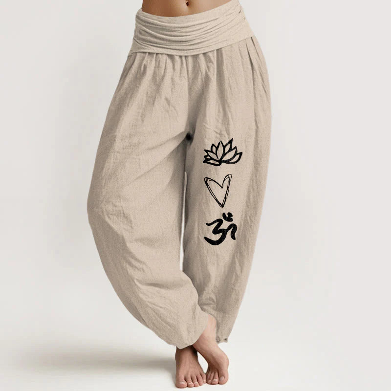 Buddha Stones Pure Cotton Lotus Heart Shape Om Symbol Pattern Women's Elastic Waist Harem Pants