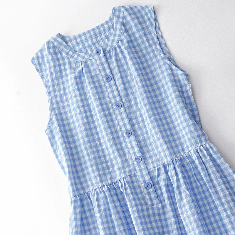 Buddha Stones Crew Neck Sleeveless Plaid Summer Cotton Knee Length Dress