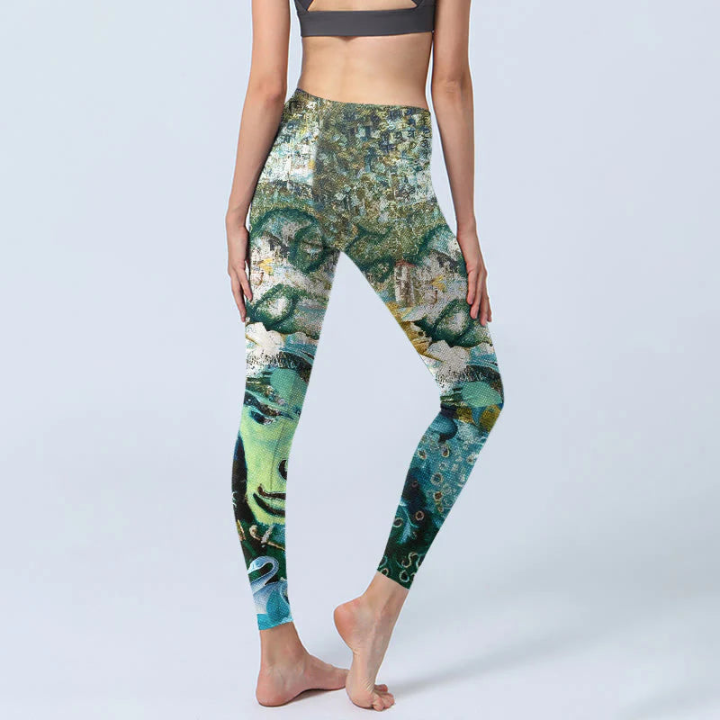 Buddha Stones Om Symbol Human Figure Peacock Lotus Pattern Print Gym Leggings Women's Yoga Pants