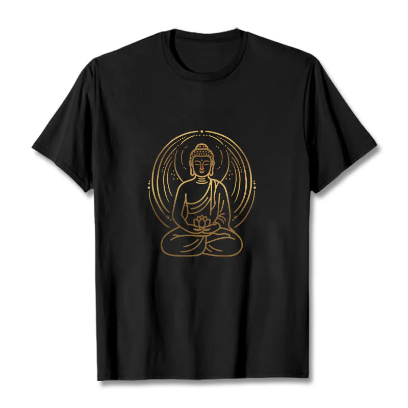 Buddha Stones Golden Meditation Buddha Halo Holding A Lotus Flower Tee T-shirt