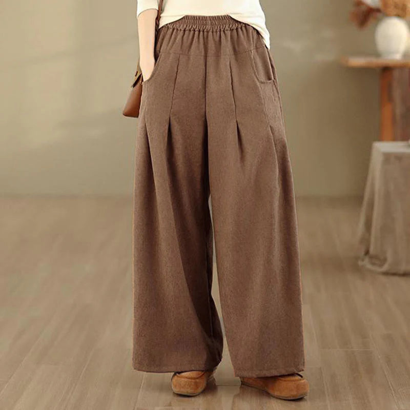 Buddha Stones Spring Plain Brown Corduroy Women's Wide Leg Pants With Pockets