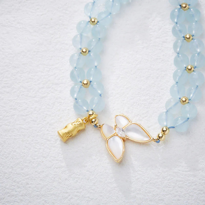 Buddha Stones Natural Aquamarine Amethyst Moonstone Butterfly Bamboo Healing Bracelet