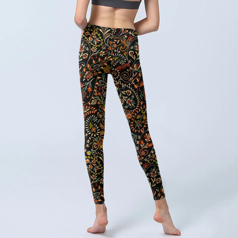 Buddha Stones Intricate Flower Leaf Pattern Print Gym Leggings Women's Yoga Pants