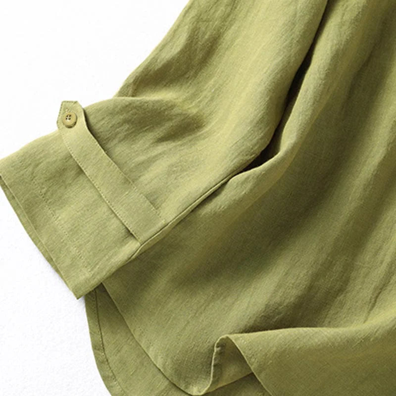 Buddha Stones Spring Dark Khaki Stand Collar Half Buttons Design Women's Long Sleeve Shirt