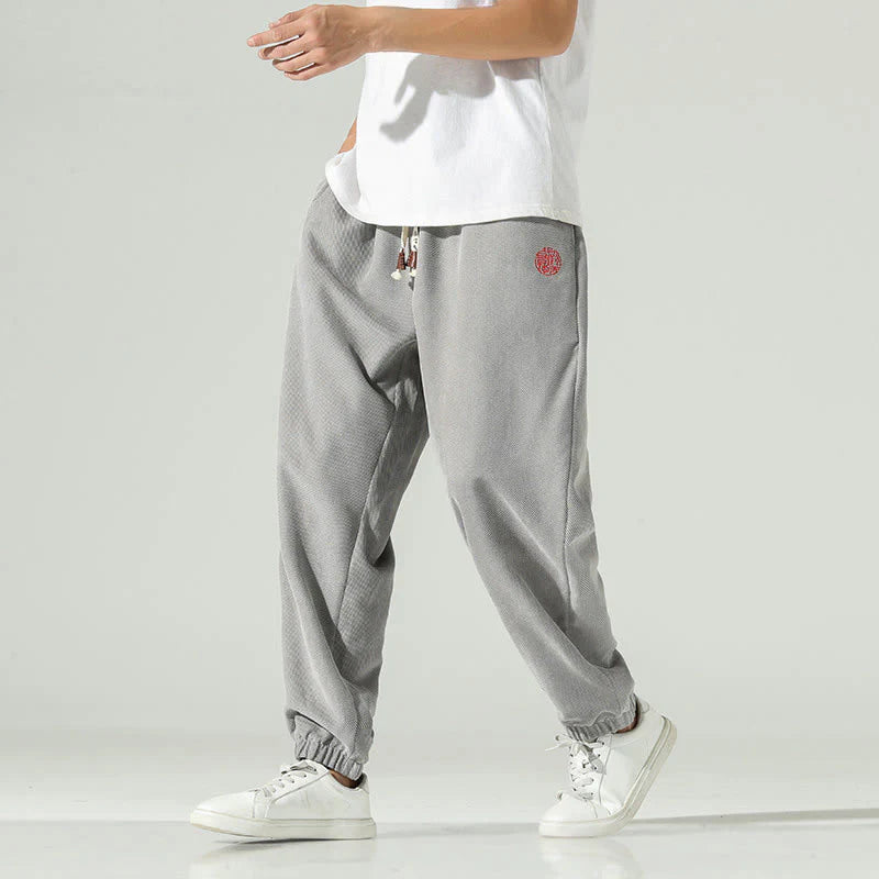 Buddha Stones Fall Plain Corduroy Embroidery Design Men's Harem Pants With Pockets