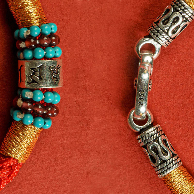 Buddha Stones Red String Black String Six True Words 925 Sterling Silver Connection Bracelet