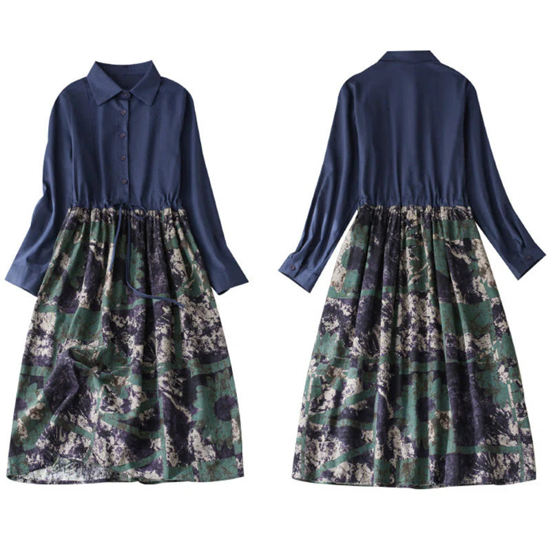 Buddha Stones Fall Printed Patchwork Design Drawstring Long Sleeve Linen Midi Dress With Pockets