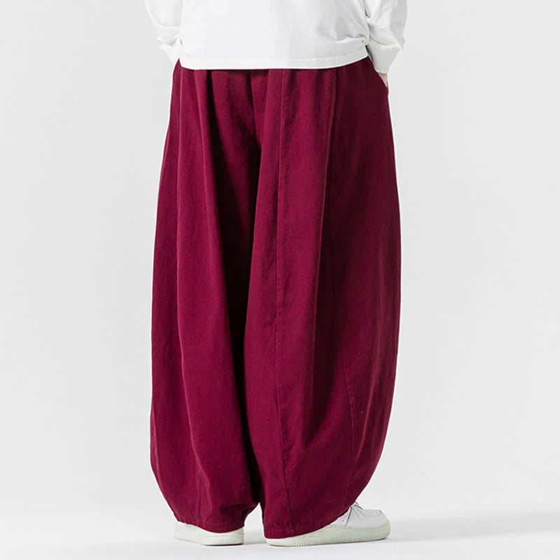 Buddha Stones Fall Solid Color Cotton Elastic Waist Men's Harem Pants With Pockets