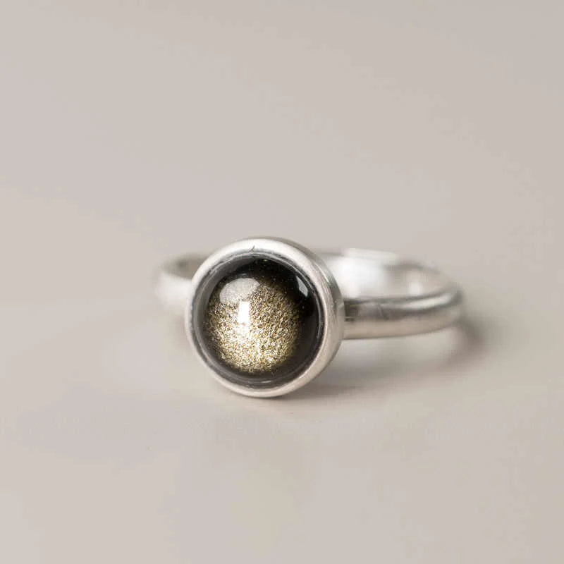 Buddha Stones Natural 925 Sterling Silver Gold Sheen Obsidian Adjustable Wealth Ring