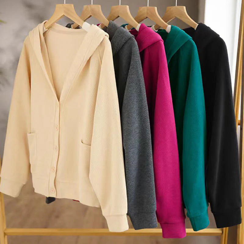 Buddha Stones Plain Buttons Women's Cotton Hooded Jacket With Pockets