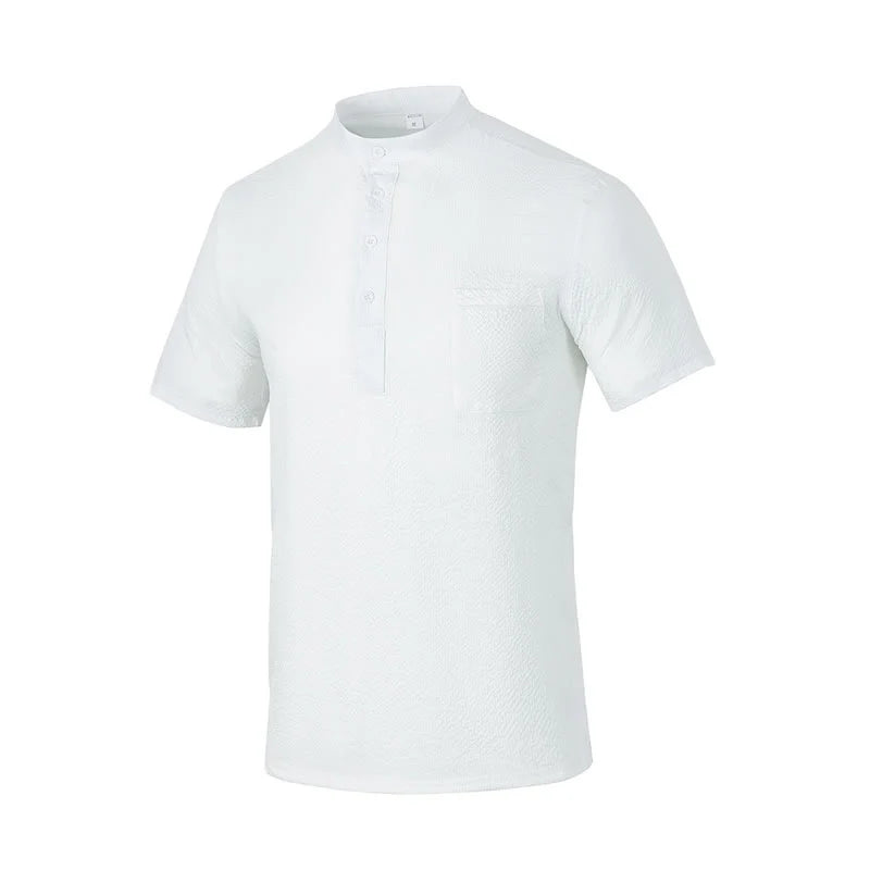 Buddha Stones Solid Color Polo Plaid Half Buttons Men's Short Sleeve Shirt