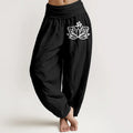 Buddha Stones Lotus Flower Om Symbol Pattern Women's Elastic Waist Harem Pure Cotton Pants