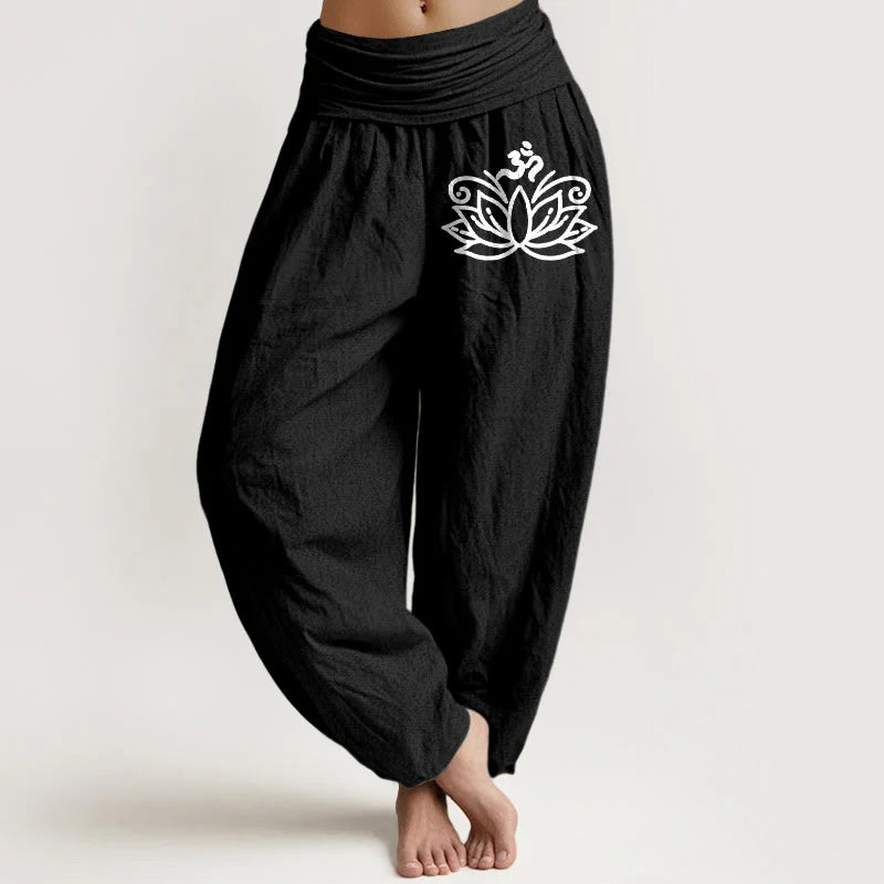 Buddha Stones Lotus Flower Om Symbol Pattern Women's Elastic Waist Harem Pure Cotton Pants