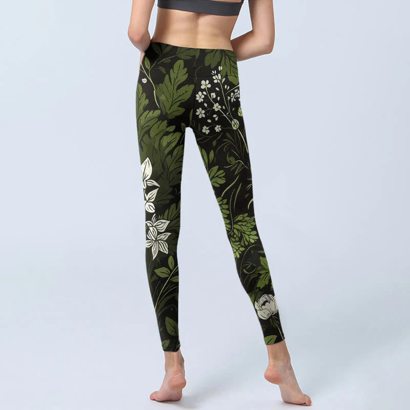 Buddha Stones Retro Flower Leaf Pattern Print Gym Leggings Women's Yoga Pants