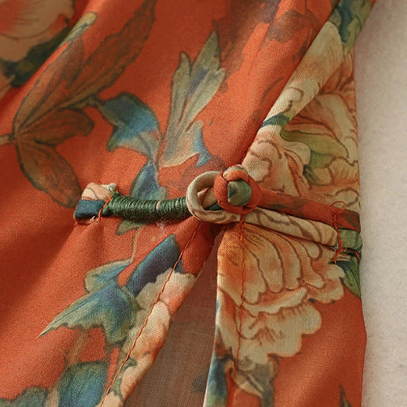 Buddha Stones Stand Collar Frog-Button Floral Print Pattern Short Sleeve Mini Dress
