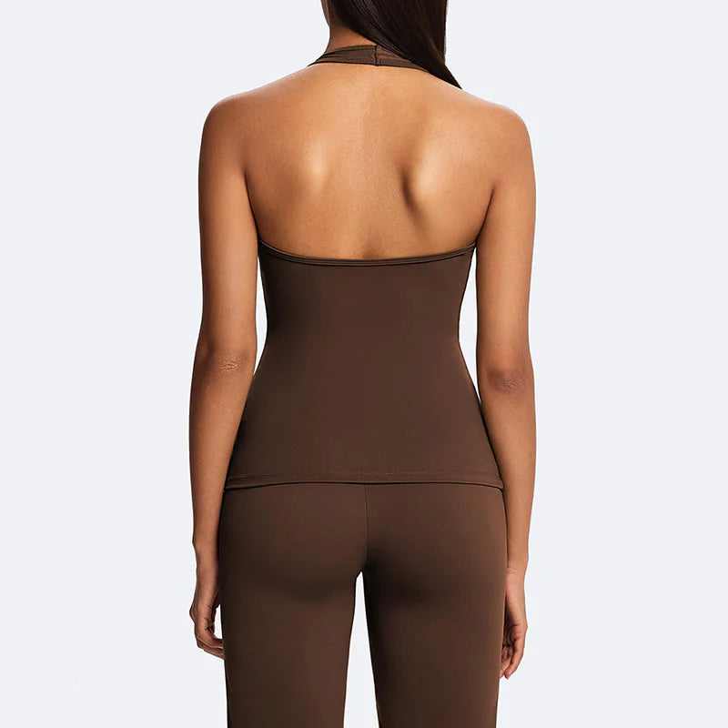 Buddha Stones Solid Crop Halter Backless Sleeveless Top Straight Leg Pants For Sports Fitness Yoga