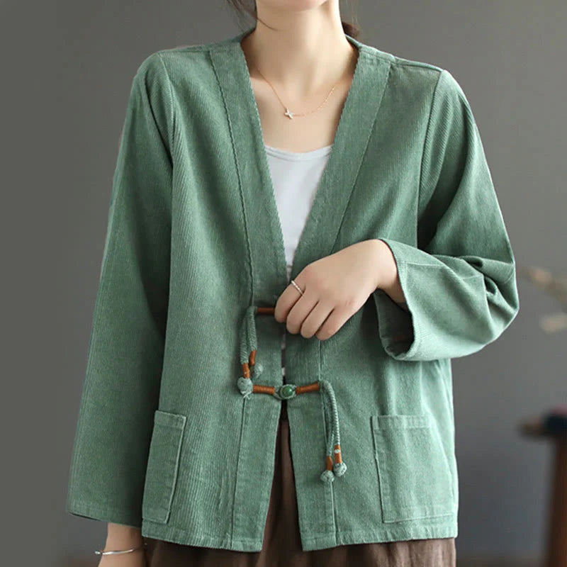 Buddha Stones Women's Cotton Long Sleeve Corduroy Jacket With Pockets