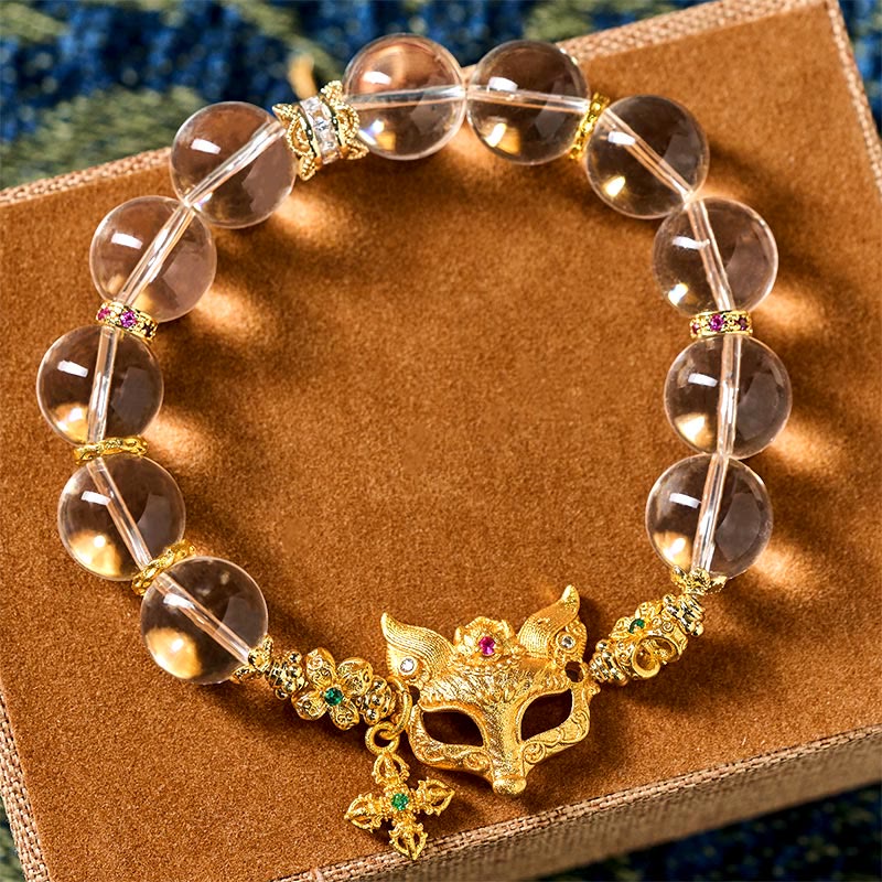 Buddha Stones Fox Cross Charm White Crystal Beaded Protection Bracelet