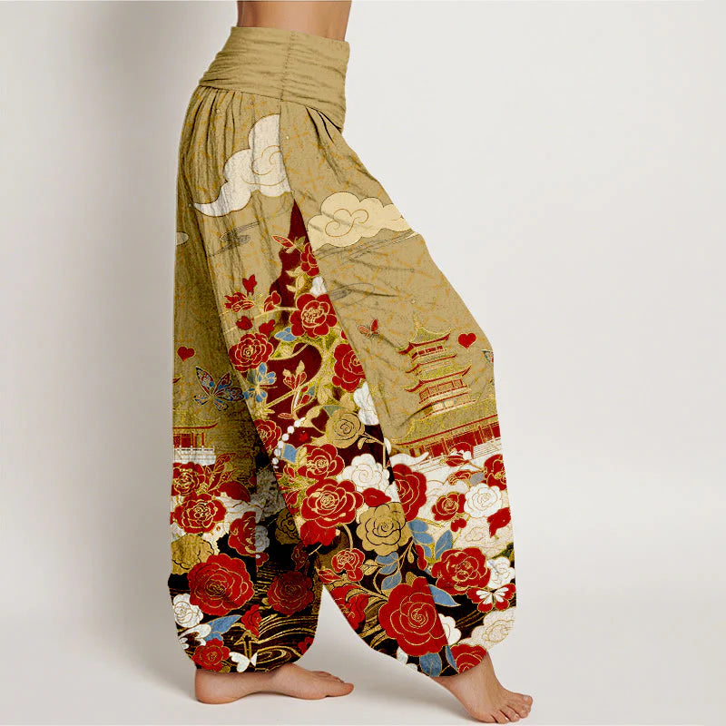 Buddha Stones Cotton Butterfly Rose Pagoda Heart Pattern Women's Elastic Waist Harem Pants