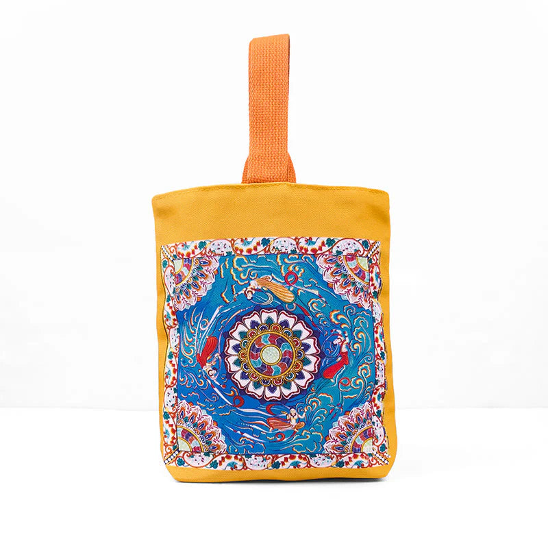 Buddha Stones Dunhuang Flying Apsaras Lotus Buddha Statues Canvas Handbag