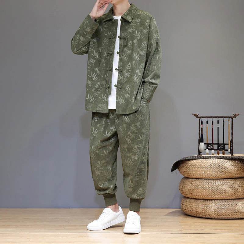 Buddha Stones 2Pcs Winter Thick Bamboo Men's Tang Suit Frog-Button Cotton Corduroy Long Sleeve Jacket Pants Set With Pockets