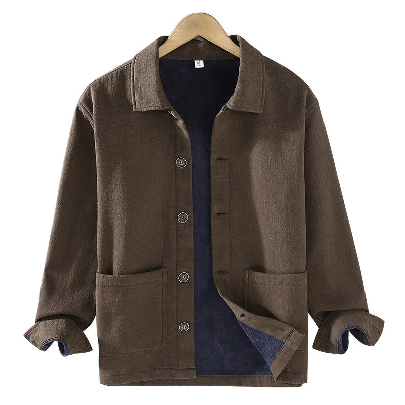 Buddha Stones Men's Plain Long Sleeve Thermal Fleece-Lined Ramie Linen Cotton Jacket With Pockets