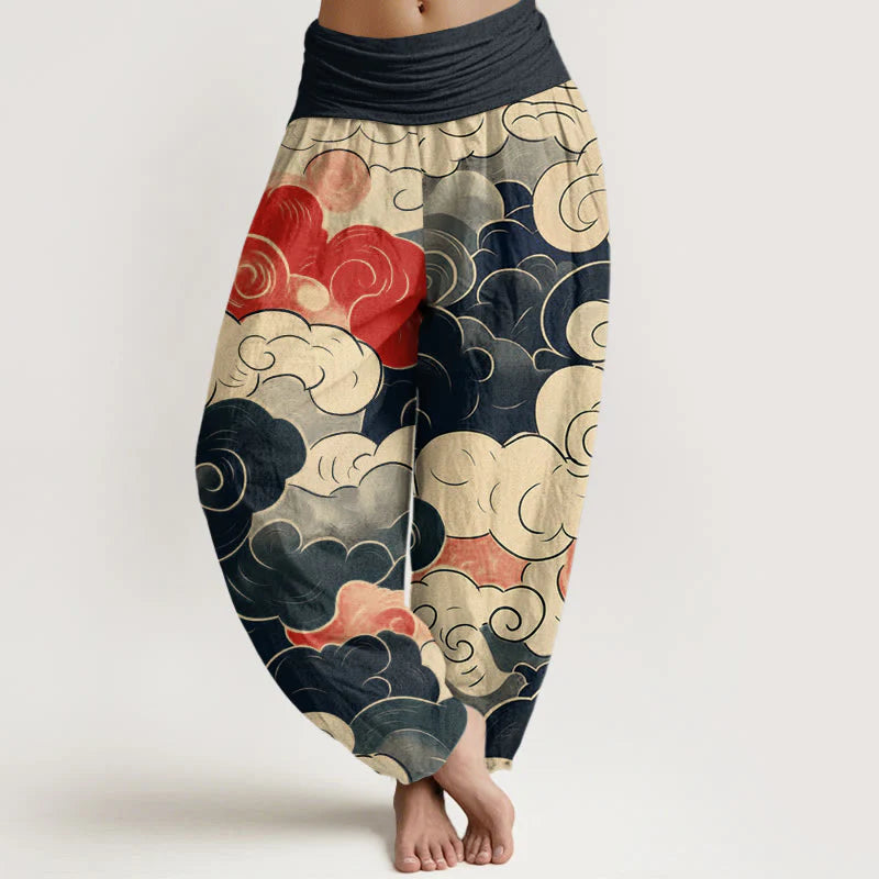 Buddha Stones Cotton Casual Auspicious Clouds Pattern Women's Elastic Waist Harem Pants