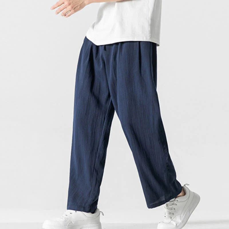 Buddha Stones Summer Casual Plain Straight Leg Design Men's Cotton Linen Drawstring Pants With Pockets