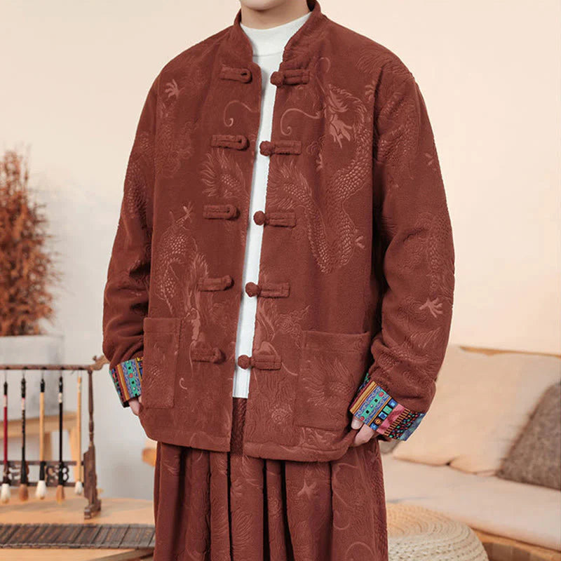 Buddha Stones 2Pcs Fall Winter Men's Tang Suit Dragon Frog-Button Cotton Long Sleeve Jacket Pants Set