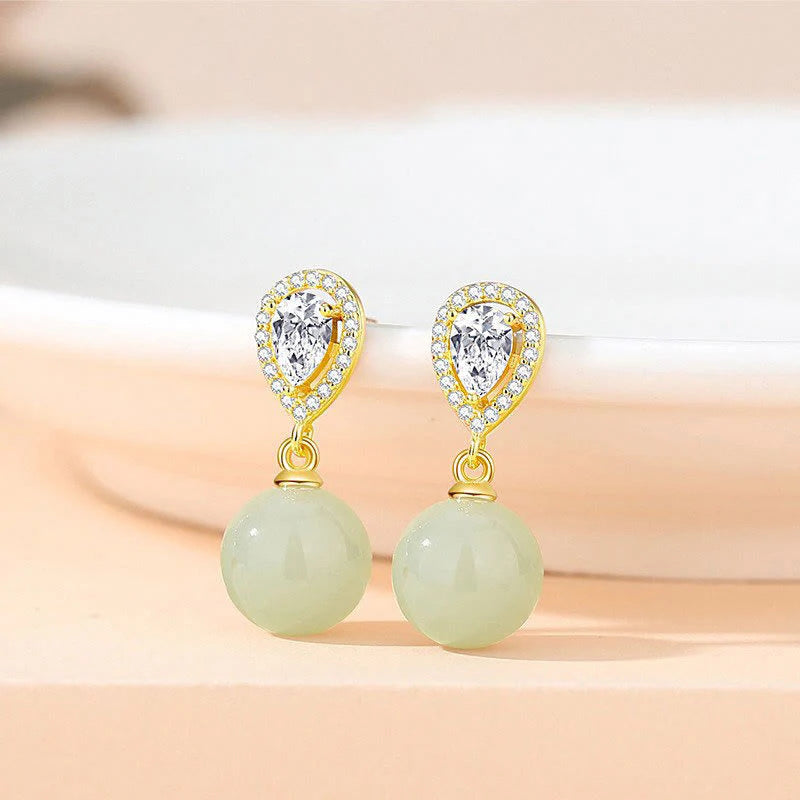 Buddha Stones 925 Sterling Silver Waterdrop Design Hetian Jade Bead Prosperity Earrings