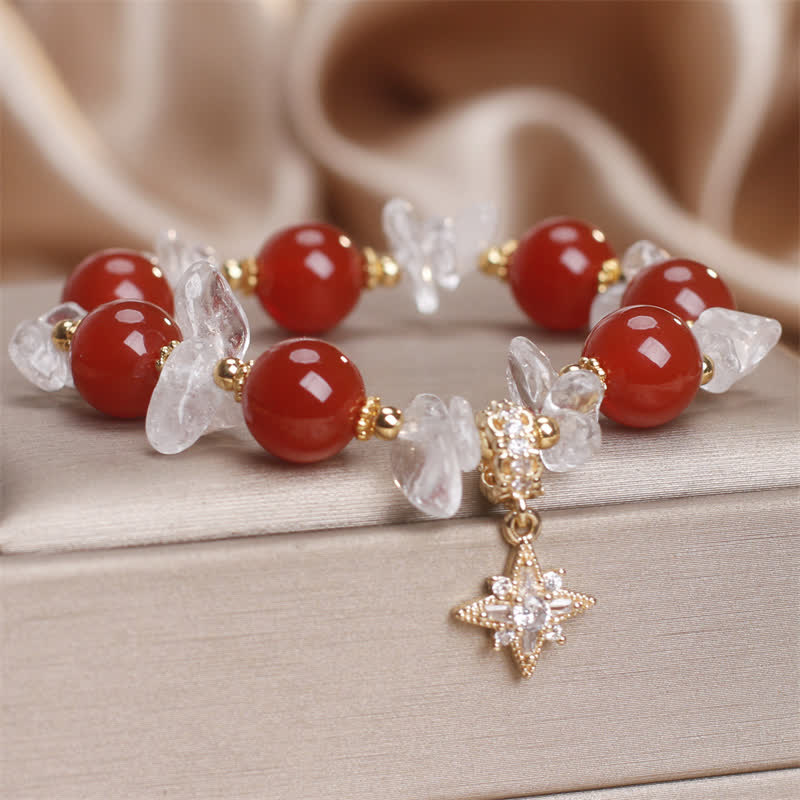 Buddha Stones Natural Red Agate Clear Quartz Hexagram Charm Confidence Bracelet