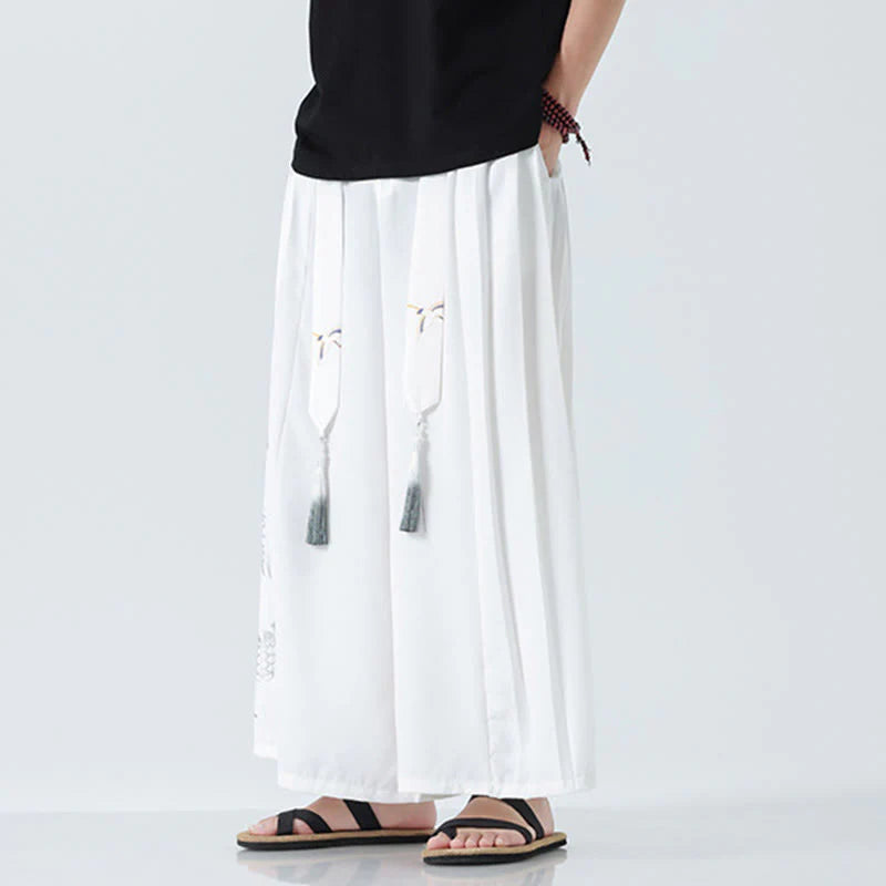 Buddha Stones Summer Dragon Drawstring Design Cotton Ankle-Length Men's Wide Leg Pants With Pockets
