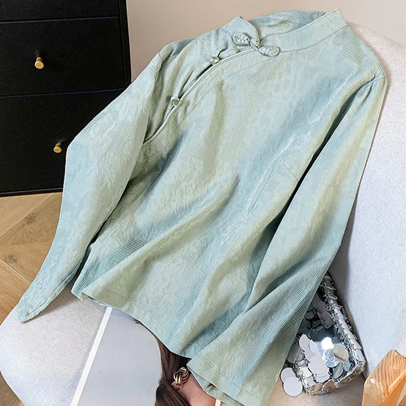 Buddha Stones Commute Jacquard Chinese Frog-Button Mandarin Collar Long Sleeve Women's Cotton Shirt