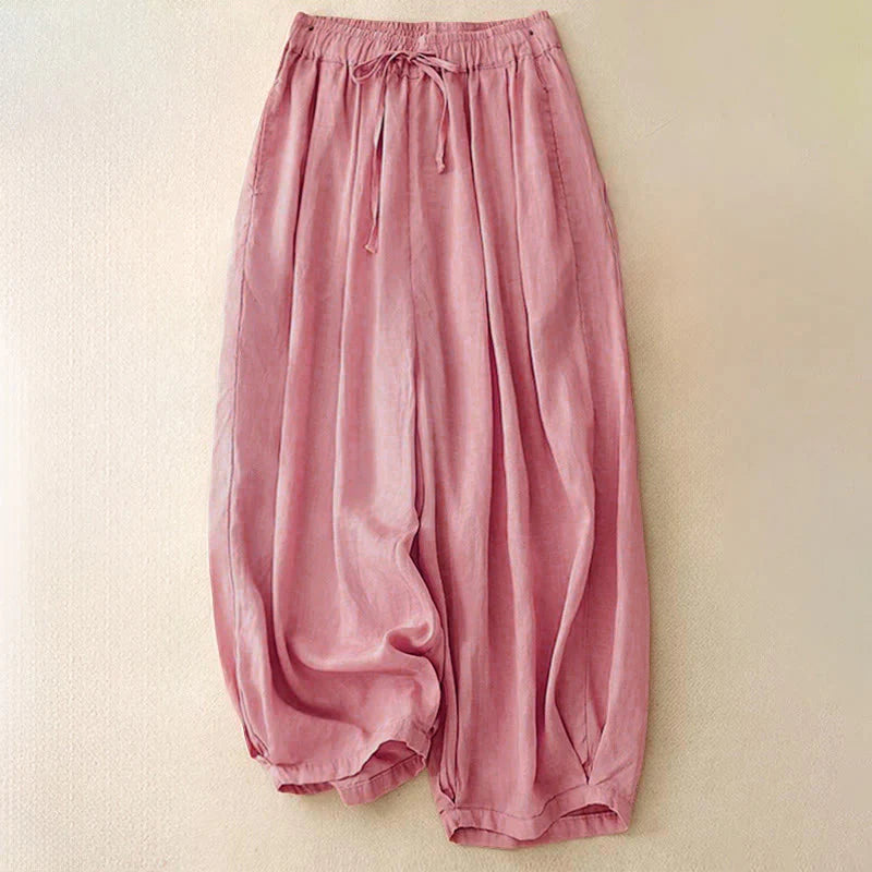 Buddha Stones Summer Elastic Waist Cotton Women's Capri Cropped Harem Pants With Pockets