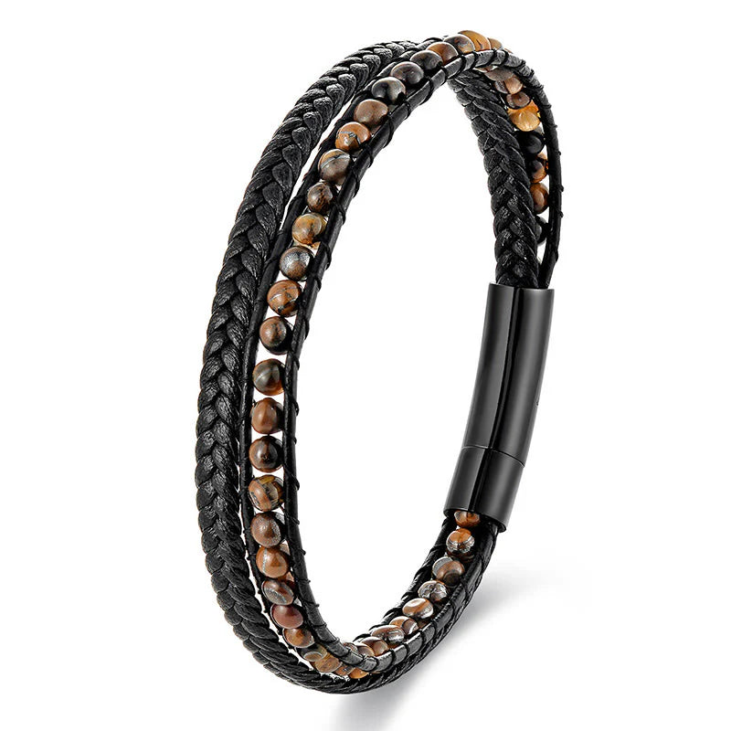 Buddha Stones Tiger Eye Titanium Steel Protection Strengthen Leather Bracelet