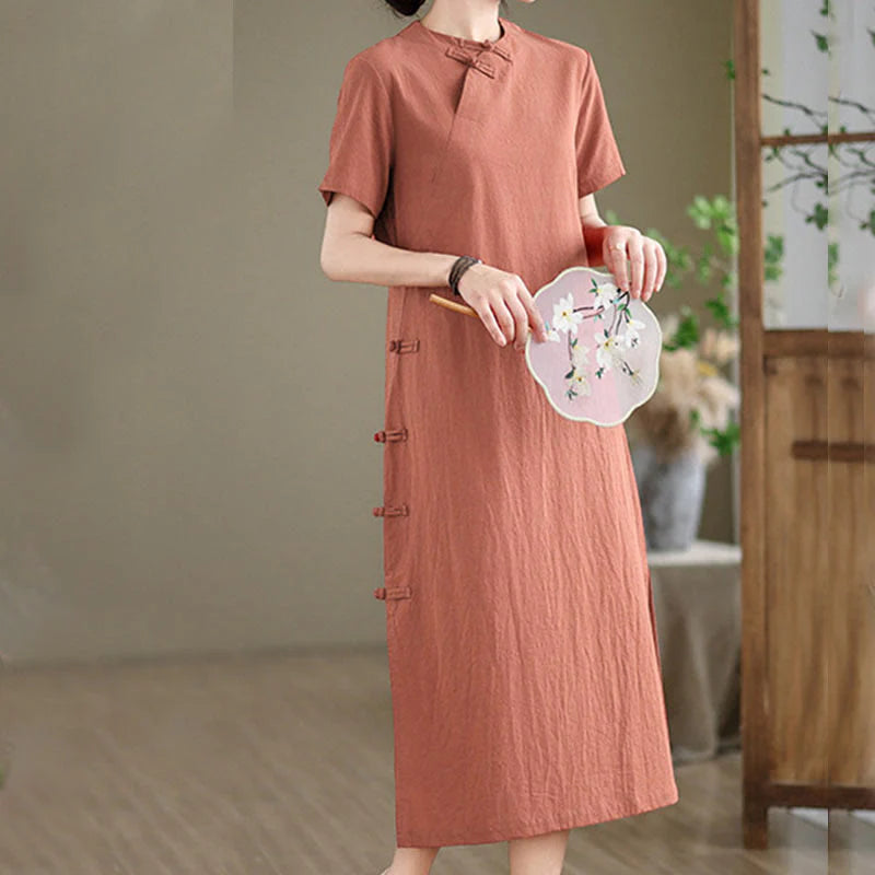 Buddha Stones Summer Vintage Pure Color Chinese Frog-Button Cheongsam Qipao Midi Dress