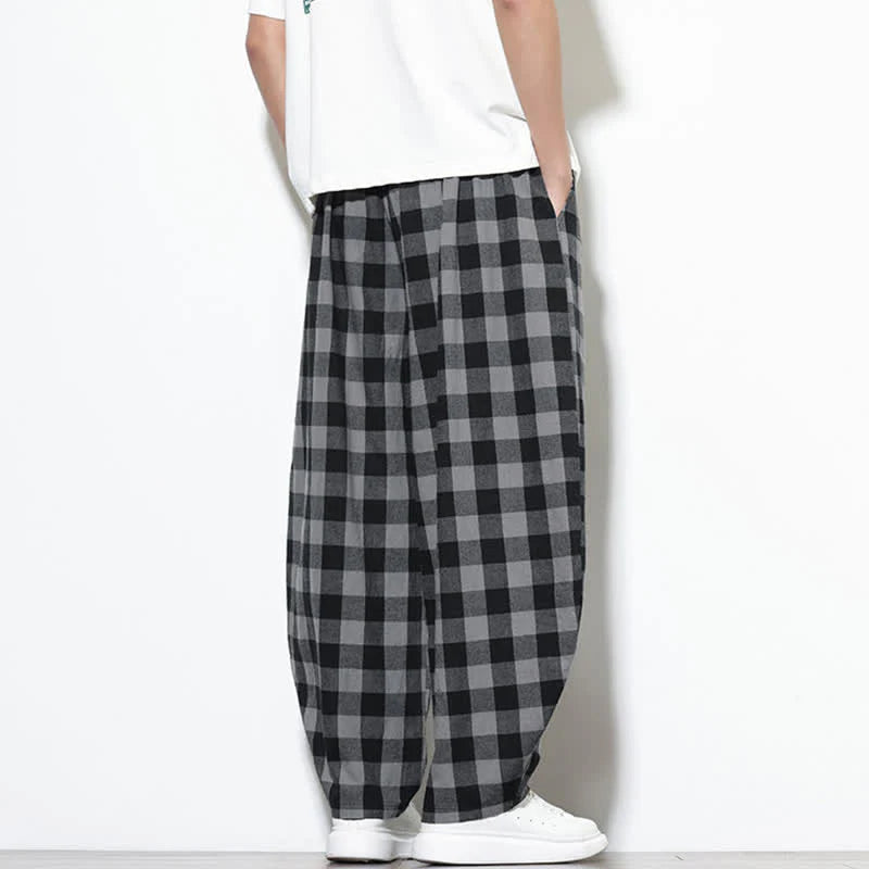 Buddha Stones Summer Plaid Pattern High Waist Drawstring Men's Harem Pants With Pockets