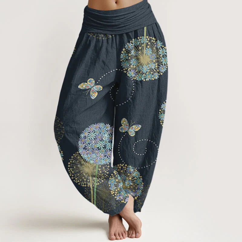 Buddha Stones Cotton Dreamlike Dandelion Butterfly Pattern Women's Elastic Waist Harem Pants
