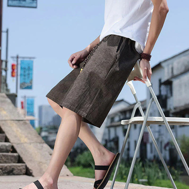 Buddha Stones Weaving Waist Rope Beads Cropped Linen Men's Shorts With Pockets