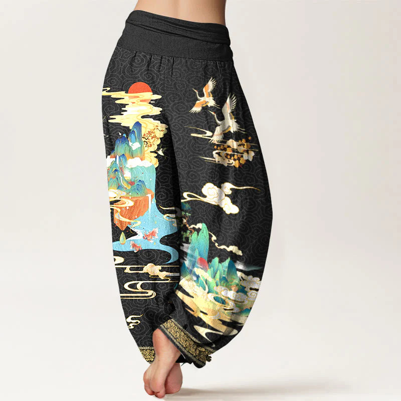 Buddha Stones Pure Cotton Landscape Cranes Clouds Pattern Women's Elastic Waist Harem Pants