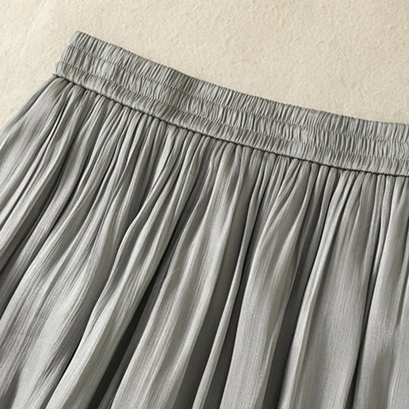 Buddha Stones Light Gray Pleated Design Elastic Waist Women's Wide Leg Pants With Pockets