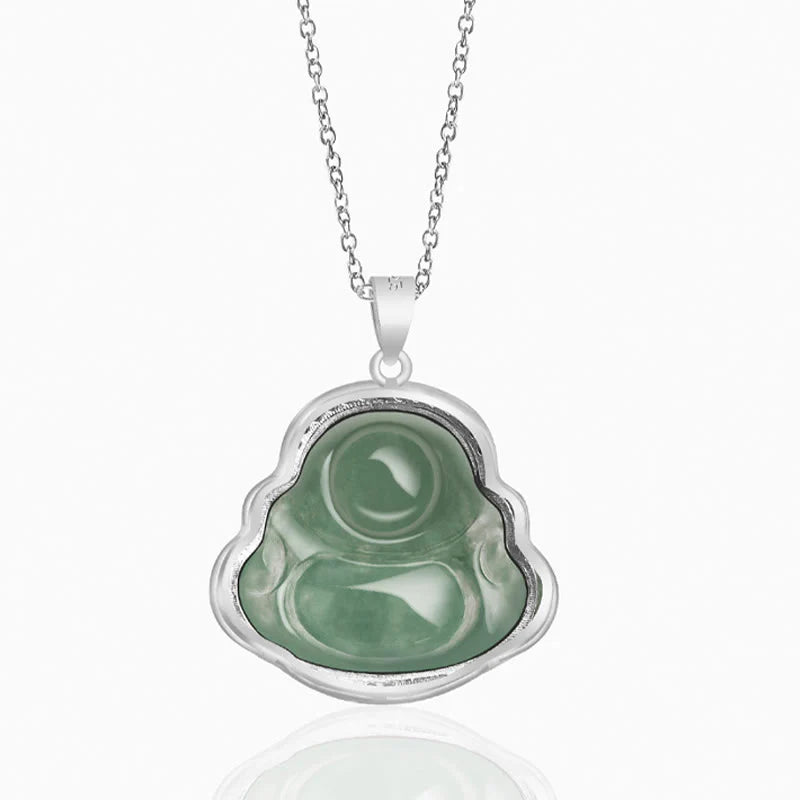 Buddha Stones Laughing Buddha Natural Jade Luck Prosperity Necklace Titanium Steel Chain Pendant