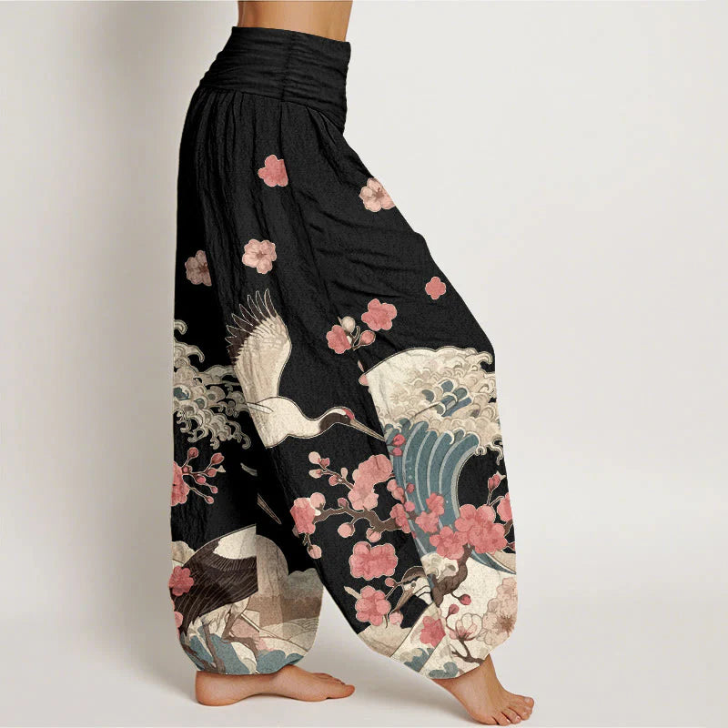 Buddha Stones Pure Cotton Cranes Peach Blossoms Ocean Women's Elastic Waist Harem Pants